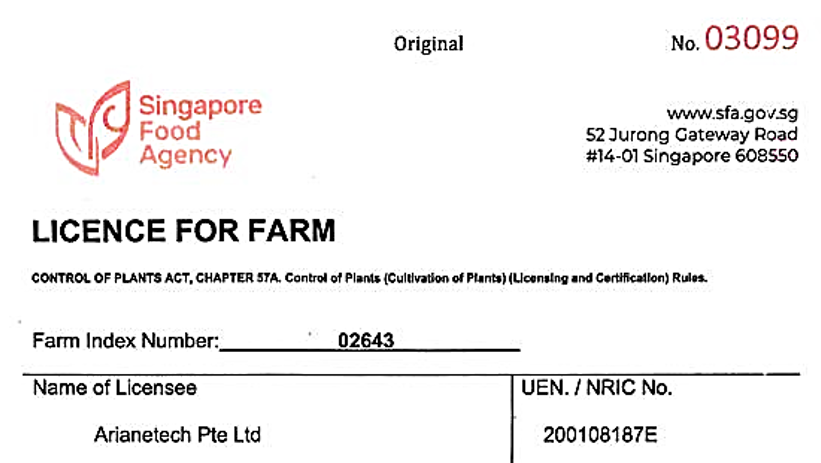 Arianetech's Farm Licence got approved by Singapore Food Agency(SFA)